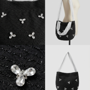 Black Textured Fabric Evening Bag – Vintage-Style Handbag with Crystal Flower Accents & White Scarf Handle