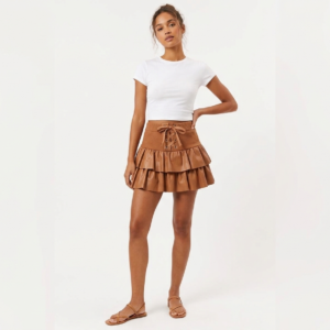 Chocolate Brown Leather Mini Skirt – Lace-Up Corset Waist Ruffle Skirt