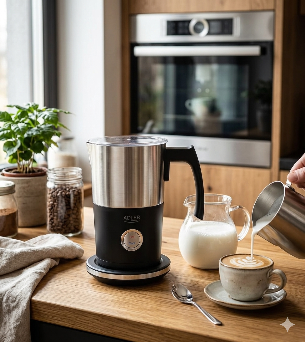 Adler AD 4497 Electric Milk Frother 1000W – Hot & Cold Foam Maker 300ml Stainless Steel