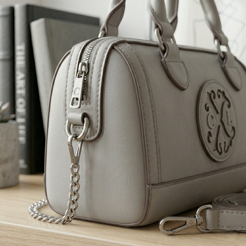 CXL by Christian Lacroix Taupe Faux Leather Barrel Satchel with Embossed Logo