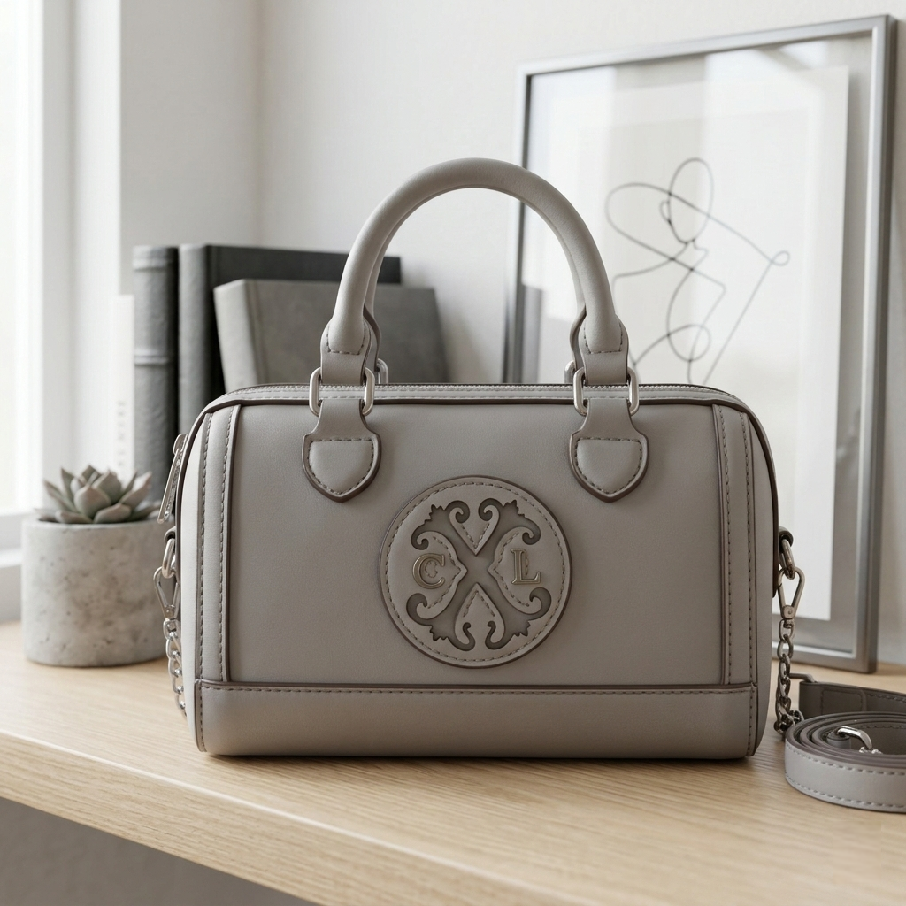 CXL by Christian Lacroix Taupe Faux Leather Barrel Satchel with Embossed Logo