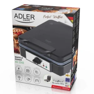 Adler AD 3049 Professional Waffle Maker - 1800W High Power, 4-Slice Capacity, Non-Stick Coated Plates, Adjustable Temperature Control - Black/Silver