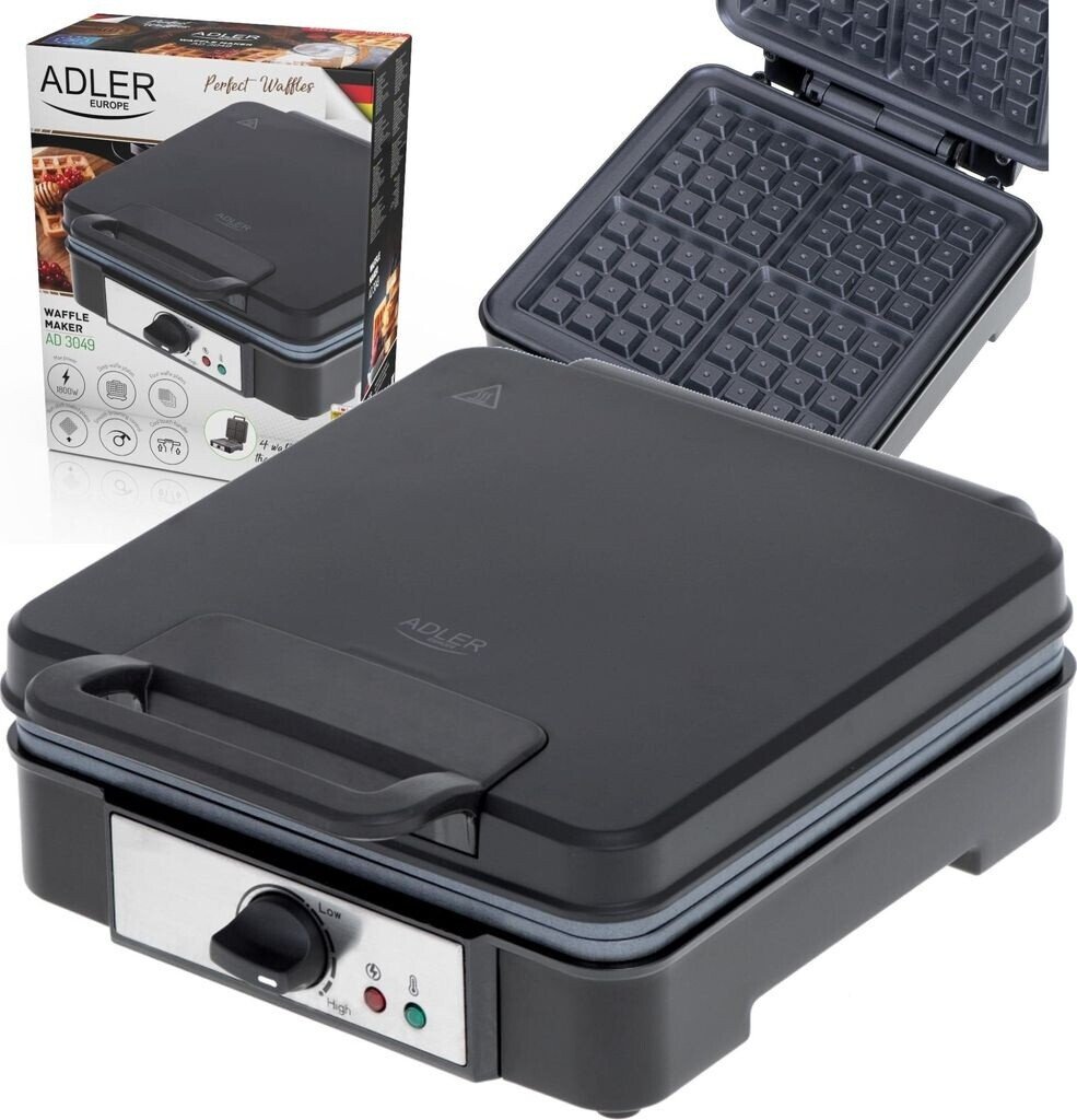 Adler AD 3049 Professional Waffle Maker - 1800W High Power, 4-Slice Capacity, Non-Stick Coated Plates, Adjustable Temperature Control - Black/Silver
