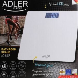 Adler AD 8157 Digital Bathroom Scale - Tempered Glass with Big LCD Screen - 150kg Capacity
