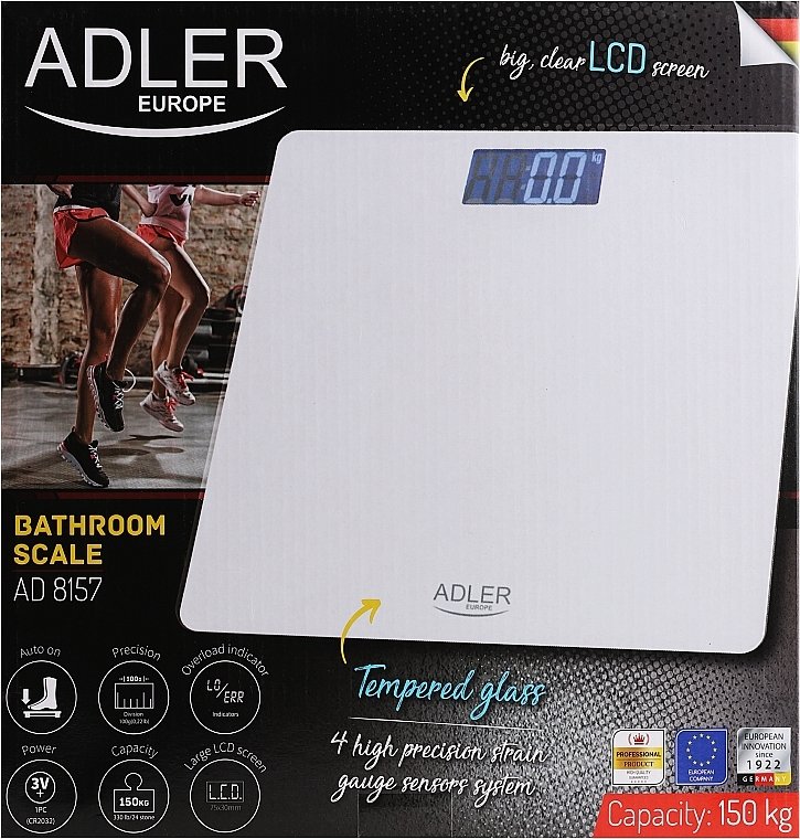 Adler AD 8157 Digital Bathroom Scale - Tempered Glass with Big LCD Screen - 150kg Capacity