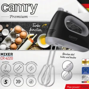 Camry Premium CR 4220 Hand Mixer - 750W Powerful Electric Mixer with 5 Speeds, Turbo Function, and Stainless Steel Attachments