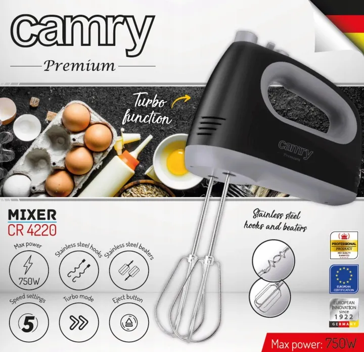 Camry Premium CR 4220 Hand Mixer - 750W Powerful Electric Mixer with 5 Speeds, Turbo Function, and Stainless Steel Attachments