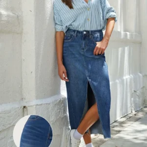 High-Waisted Long Denim Maxi Skirt with Front Slit in Medium Wash