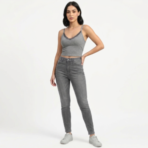 Ardene Women's Ribbed V-Neck Cami Crop Top with Delicate Lace Trim - Heather Gray