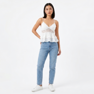 Ardene Women's Lace-Panel V-Neck Cami with Tiered Peplum Hem - White