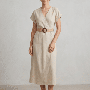 Women’s Linen-Blend V-Neck Midi Dress with Woven Straw Belt