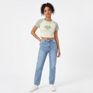 SHEIN EZwear Women's Two-Tone Graphic Raglan Short Sleeve Ribbed Crop Top - Sage Green & Cream