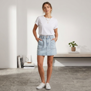 Women's Acid Wash Denim Mini Skirt – High-Waisted A-Line with Front Utility Pockets
