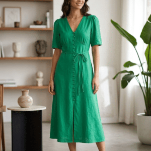 Women’s Emerald Green Button-Front Midi Dress with Tie Waist