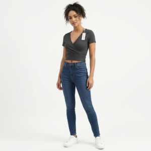 Ardene Women's Ribbed V-Neck Surplice Wrap Short Sleeve Crop Top - Charcoal Gray