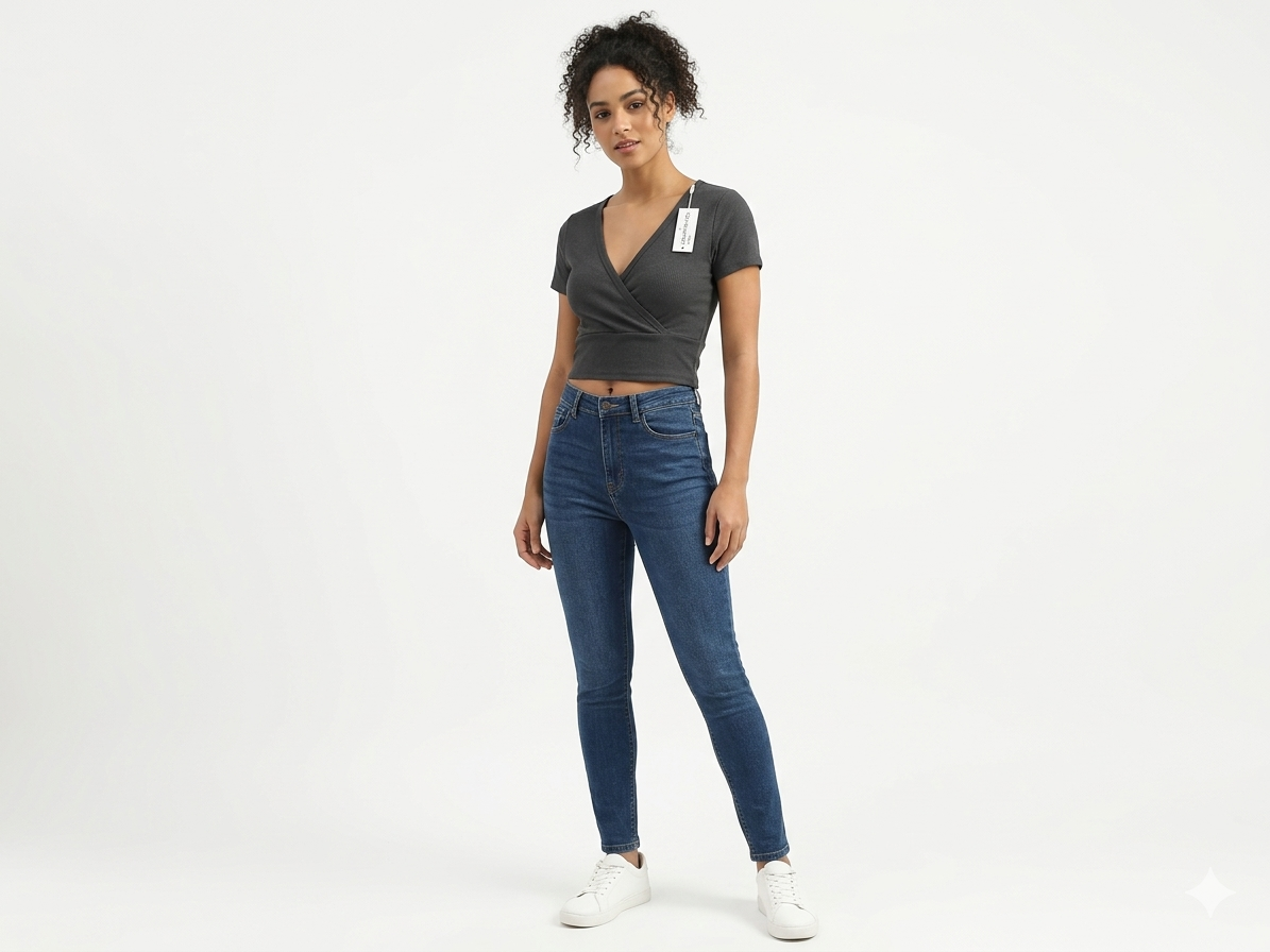 Ardene Women's Ribbed V-Neck Surplice Wrap Short Sleeve Crop Top - Charcoal Gray