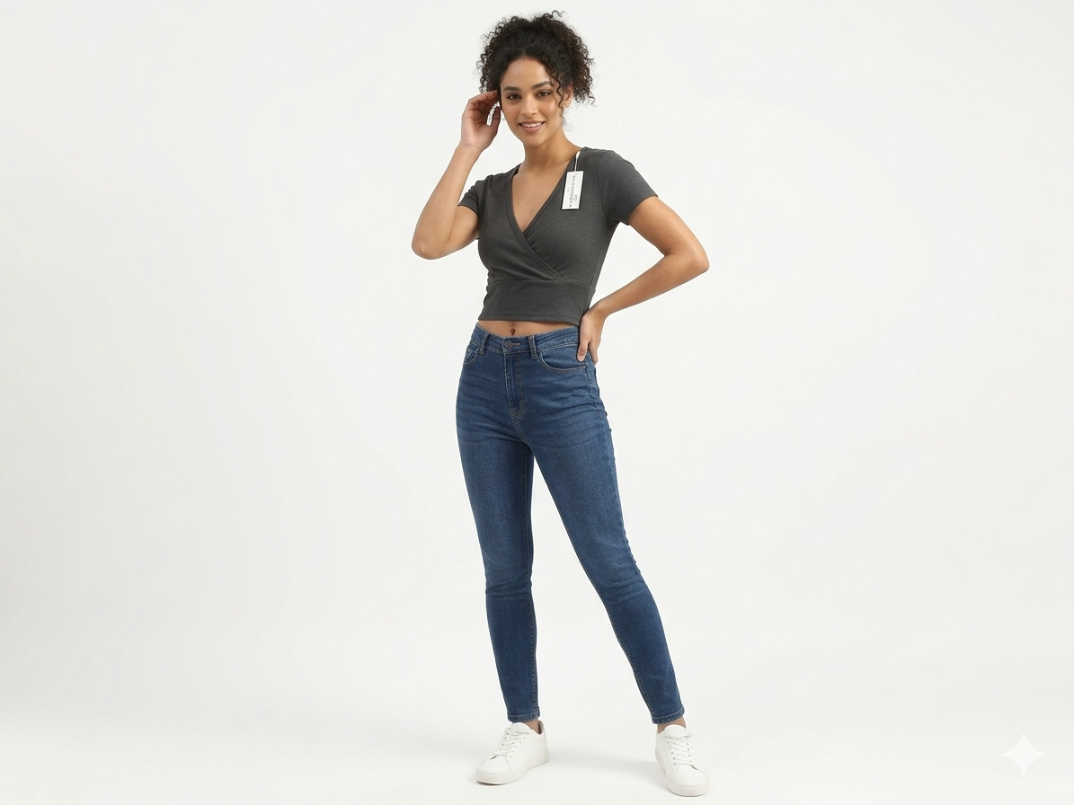 Ardene Women's Ribbed V-Neck Surplice Wrap Short Sleeve Crop Top - Charcoal Gray