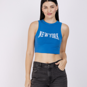Ardene Women's New York Graphic Ribbed Sleeveless Crop Tank Top - Royal Blue