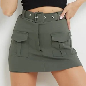 Women's Cargo Mini Skirt with Matching Belt – Khaki Green High-Waisted Utility Skirt