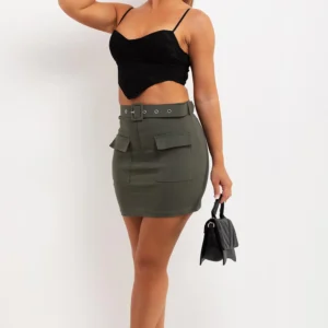 Women's Cargo Mini Skirt with Matching Belt – Khaki Green High-Waisted Utility Skirt