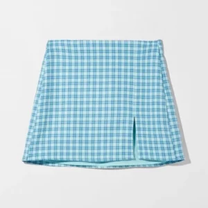 Women's Pastel Blue Plaid Mini Skirt - High-Waisted A-Line with Front Slit