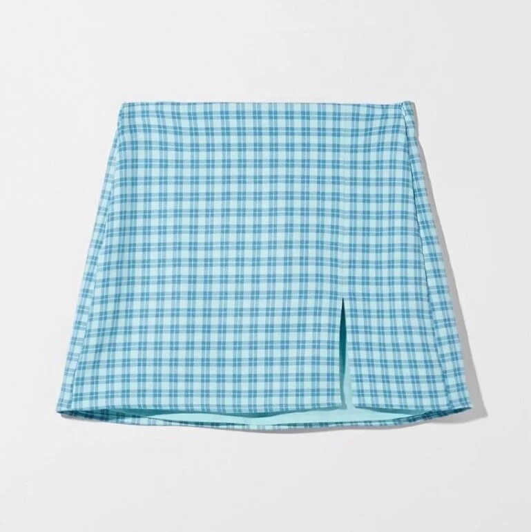 Women's Pastel Blue Plaid Mini Skirt - High-Waisted A-Line with Front Slit