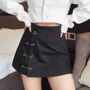 Black High-Waisted Mini Skirt with Safety Pin Detail and Side Slit